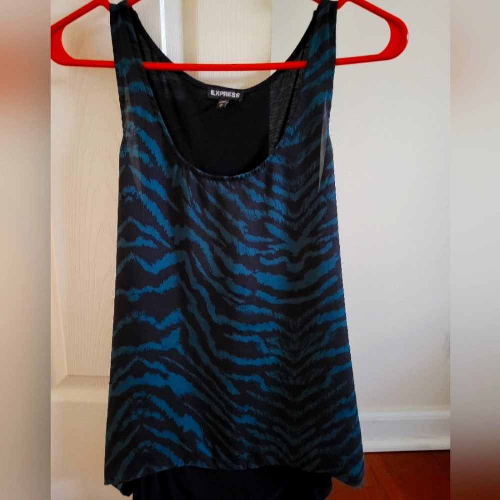 Size Small blue and black zebra print tank top. Gently used. From Express